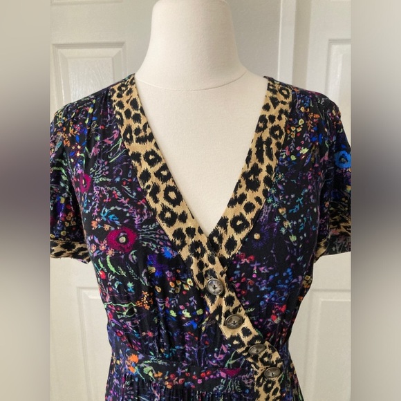 Anthropologie Maeve Morgan Black Floral Leopard Print Button Dress Size 4 - Picture 5 of 10